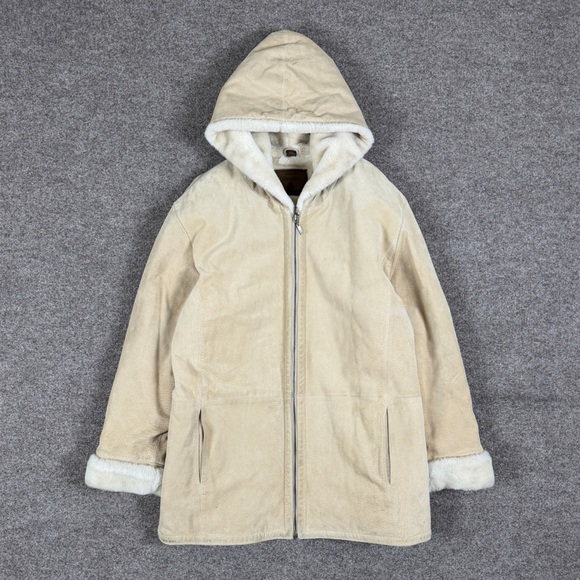 St. John's Bay Jackets & Blazers - St John’s Bay Tan Suede Leather Parka Jacket Womens XL Full Zip Hooded Fur Lined